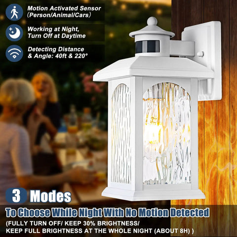 Motion Sensor Outdoor Wall Sconce With Dusk To Dawn Lighting, Waterproof Exterior Light Fixture in white rippled glass on wall
