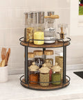 10.2 Inch Wood Lazy Susan Turntable Organizer For Cabinet And Countertop 2 Tier Spice Rack with jars and containers on countertop