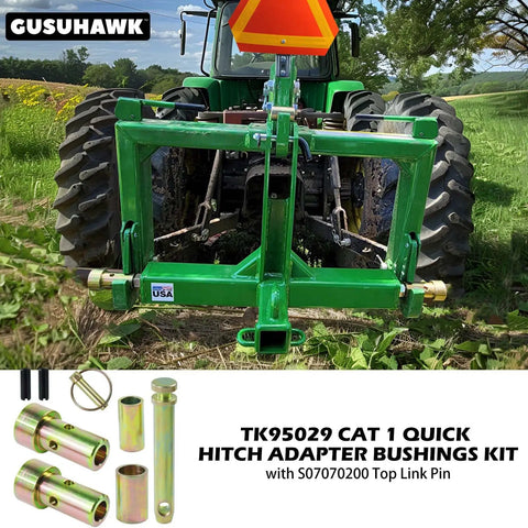 4 Pack CAT 1 Quick Hitch Bushings Kit With S07070200 Top Link Pin And S07090100 Lynch Pin For Category 1 3 Point Hitches And Tractors Replaces TK95029 Speeco S14114200 Compatibility Built To Last Tough As Nails attached to a green tractor.