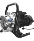 Portable Sprinkler Pump 1 HP Stainless Steel Workhorse for Yard Watering Up To 830 GPH, side view with handle and adapters