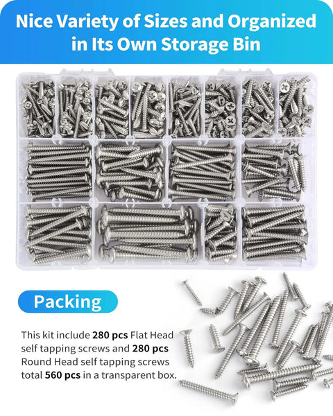 Stainless Steel Self Tapping Screws Assortment Kit 560 Pcs M3 M4 M5 M6 Flat Head And Round Head Phillips Drive Wood Screws Silver in storage box
