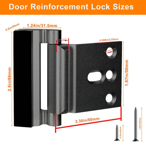 Heavy Duty Door Reinforcement Lock For Inside Use Upgraded Front Door Security For Kids Withstand 800 Lbs Of Force Child Proof Door Lock Extra Barrier From Inside 2 Pack Black shown with dimensions