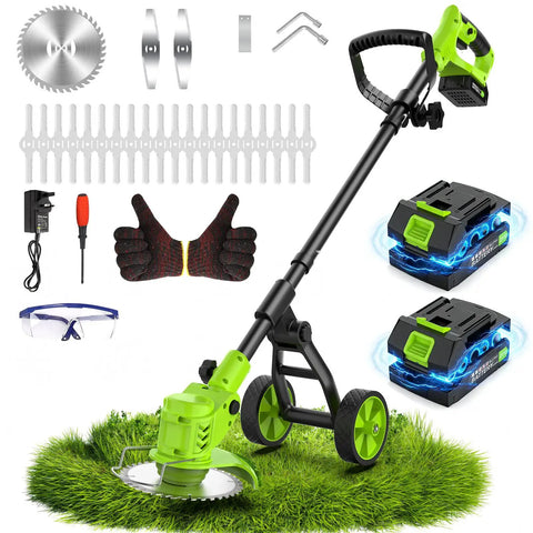 Cordless Weed Wacker With Wheels 4 In 1 Electric Weed Eater Brush Cutter Edger And Trimmer set, includes batteries and accessories