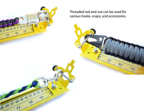 31 Inch Adjustable Paracord Jig, Lightweight Aluminum, used for making bracelets with various hooks and snaps, close-up view