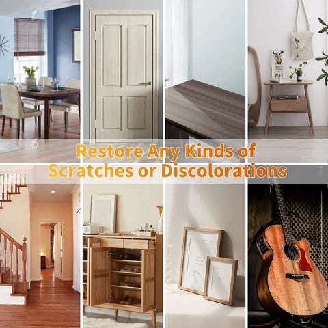 Image showcasing various furniture and surfaces restored using Ultimate Diy Friendly Wood Floor Scratch Repair Kit With 39 Piece Set.