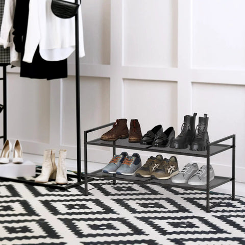 Two Tier Stackable Metal Wire Shoe Rack In Black Stores Six Pairs Of Kicks With Room For Loose Slippers Tough Heavy Gauge Steel Quick One Person Build Out For Closets Or Mudrooms