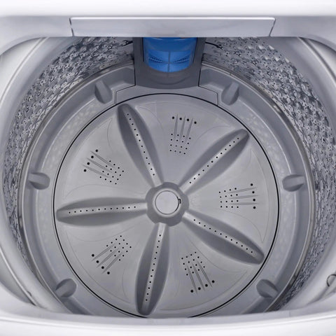 Inside view of Compact 3.0 Cu Ft Top Load Washer In White Featuring Quick Wash Cycles and a spacious drum design.