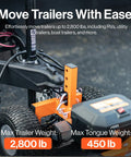 Close-up of Heavy Duty Electric Trailer Dolly For 2800 Lbs Max Weight 450 Lbs Tongue Load with wheels and motor detail.