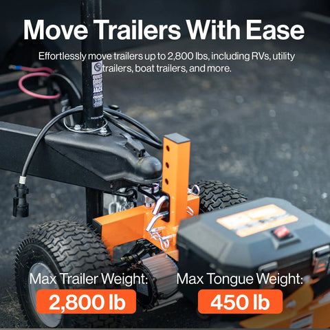 Close-up of Heavy Duty Electric Trailer Dolly For 2800 Lbs Max Weight 450 Lbs Tongue Load with wheels and motor detail.