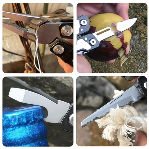 Sixteen-In-One 420 Stainless Steel Multitool Pliers with full locking safety in use cutting wire, peeling fruit, opening bottle, and cutting rope