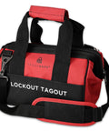 Heavy Duty Lockout Tagout Bag, Large LOTO Tool Organizer with durable red and black canvas for industrial use.