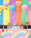 Pastel Grad Party Decorations Kit with hot air balloon paper lanterns and tinsel foil fringe curtains for school grads party.