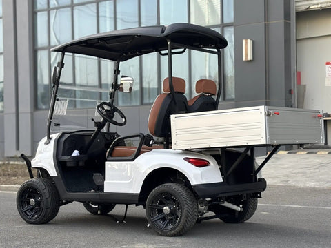 Pull Up In Style With This Badass Two Seater Golf Cart Featuring A Rock Solid Aluminum Cargo Bed 48V Lithium Battery Epic 4Kw Motor Sweet Directional Handling And Vibrant Yellow Paint For Total Neighborhood Dominance with brown seats and aluminum cargo.
