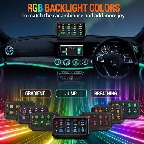 Dashboard showcasing Eight Gang RGB Switch Panel For Cars Trucks Boats Marine ATVs UTVs Universal Circuit Control Relay System