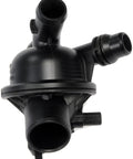 Straight Bolt On Engine Coolant Thermostat Housing Assembly Water Outlet Replacement top view black casting with multiple outlets