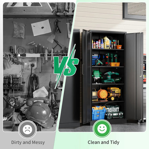 Messy tools vs. organized Heavy Duty Metal Garage Storage Cabinet With Doors And Adjustable Shelves 71 Inch Tall Steel Locker Organizer.