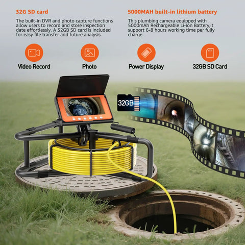Dope Sewer Camera 100Ft Kit With 5 Inch HD 1080P Display Built In DVR 32GB Memory 5000mAh Battery Pipe Inspection Tool in open manhole