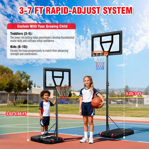 Kids Adjustable Basketball Hoop System Portable 3 To 7 Ft for backyard or indoor play with shatterproof backboard shown outdoors
