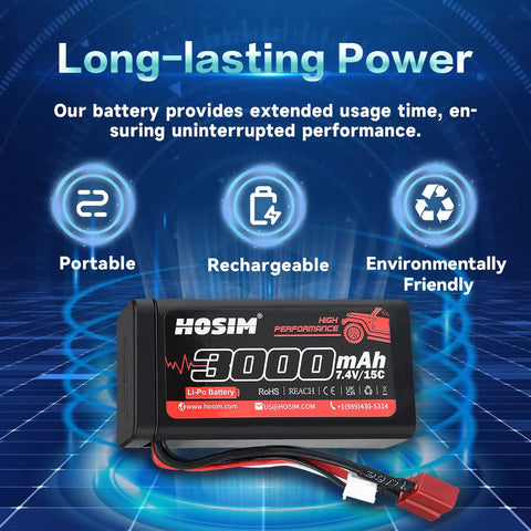 2 Pack 7.4V 3000mAh LiPo RC Battery Set With 2 USB Chargers And Strap For Brushless RC Cars, Trucks, And Boats, High Capacity Power