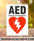 Front view of Brimar 7x10 AED sign poster with a red heart and lightning bolt symbol