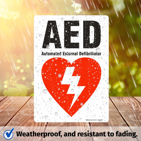 Front view of Brimar 7x10 AED sign poster with a red heart and lightning bolt symbol