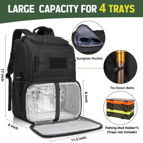 Black nylon fishing backpack with built-in cooler, shown open, highlighting storage for 4 trays, rod holders, and pockets.