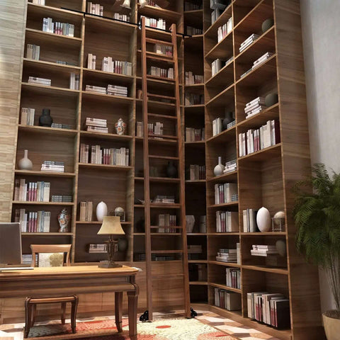 Sliding Barn Door Hardware Kit With Retractable Library Ladder, Round Tube Track System For Home Use, installed in a library