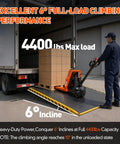 Heavy Duty Full Electric Pallet Jack With 4400 Lb Load Capacity Plus 48 By 27 Inch Forks on a ramp, lifting boxes in a truck.