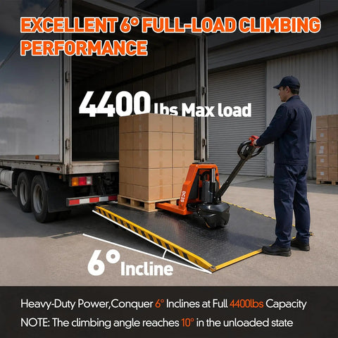 Heavy Duty Full Electric Pallet Jack With 4400 Lb Load Capacity Plus 48 By 27 Inch Forks on a ramp, lifting boxes in a truck.