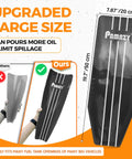 Silicone Oil Funnel Large 19.7 Inch By 7.87 Inch Reusable Foldable Spill Free Draining Tool comparison with sizes on display.