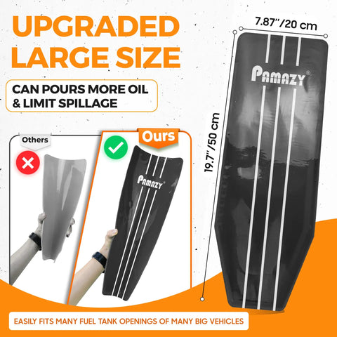Silicone Oil Funnel Large 19.7 Inch By 7.87 Inch Reusable Foldable Spill Free Draining Tool comparison with sizes on display.