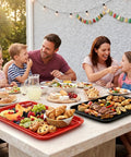 Family enjoying meal with Stackable Grilling Prep And Serving Trays Set Of 2 Plastic BBQ Trays For Raw And Cooked Food, 17x10.5 inches