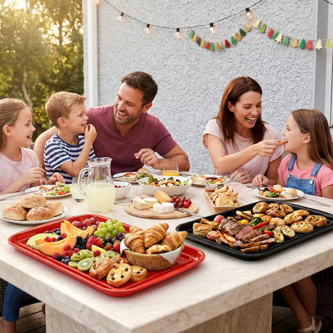 Family enjoying meal with Stackable Grilling Prep And Serving Trays Set Of 2 Plastic BBQ Trays For Raw And Cooked Food, 17x10.5 inches
