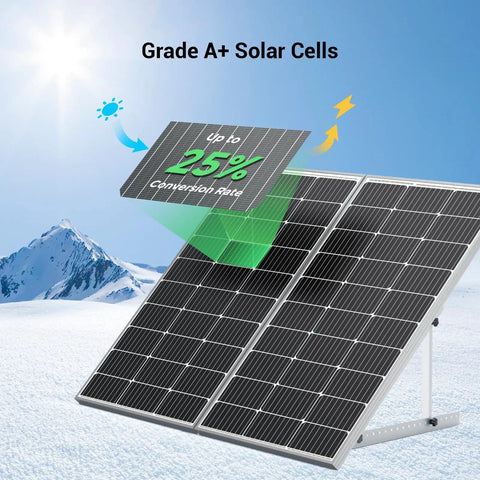 100W 12V Monocrystalline Solar Panel With Solar Connectors For Battery Charging On Boats, RVs, Caravans And Off Grid Adventures, High Efficiency Module, in snowy landscape showcasing 25% conversion rate.