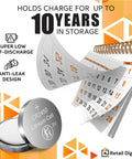 Straight Up Reliable Cr2450 3V Lithium Coin Battery 5 Pack with child safe packaging, shows 10-year storage calendar.