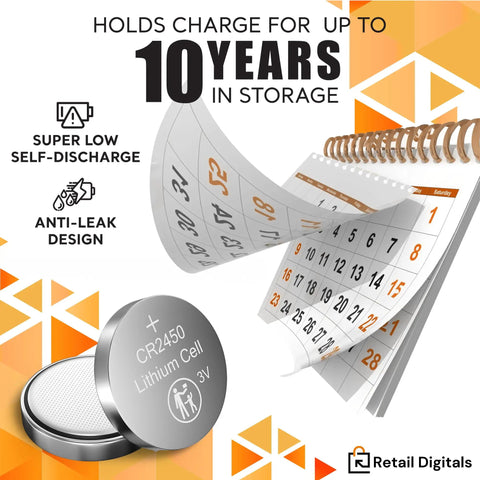 Straight Up Reliable Cr2450 3V Lithium Coin Battery 5 Pack with child safe packaging, shows 10-year storage calendar.