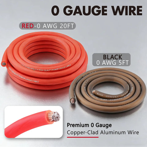0 Gauge True Dual Amp Wiring Kit With 2000W Power 200A ANL Fuse OFC RCA Cables 14 Gauge Speaker Wire Pre Cut Power And Ground Cables Distribution Block Install Hardware For A High Performance Car Audio System, red and black 0 AWG cables