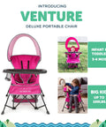 Go With Me Venture Portable Toddler Chair with Sun Canopy, pink, for indoor and outdoor use, adjustable for growth stages