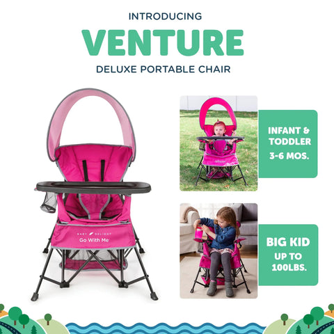 Go With Me Venture Portable Toddler Chair with Sun Canopy, pink, for indoor and outdoor use, adjustable for growth stages