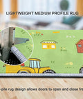 Ultra Soft 3x5 Ft Cartoon Farm Field Tractor Area Rug with gauge showing 0.24 in thickness, non-slip and kid friendly.