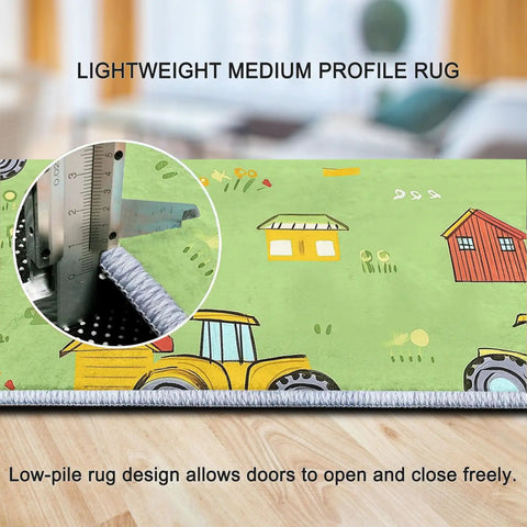 Ultra Soft 3x5 Ft Cartoon Farm Field Tractor Area Rug with gauge showing 0.24 in thickness, non-slip and kid friendly.