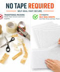 Comparison of traditional packing tools versus Adhesive Bubble Wrap Sheets 12 X 12 Inches, 180 Count for quick packing.