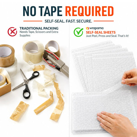 Comparison of traditional packing tools versus Adhesive Bubble Wrap Sheets 12 X 12 Inches, 180 Count for quick packing.