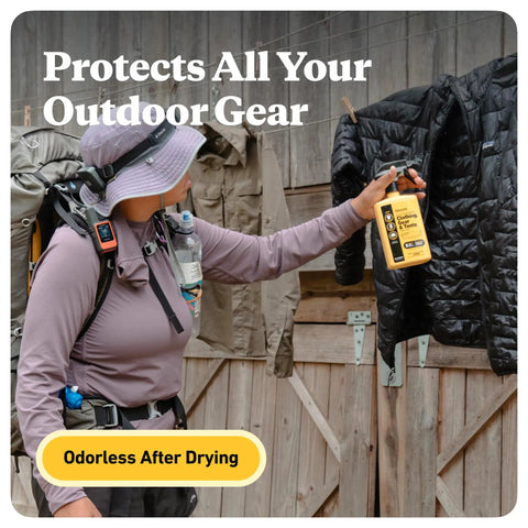 Person spraying black jacket with Twin Pack Premium Permethrin Clothing Insect Repellent Trigger Spray 24 oz yellow bottle.