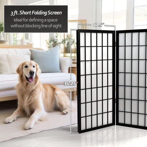 Compact 3 Foot Short Window Pane Shoji Screen Black 5 Panel Room Divider With Rice Paper Panels And Lightweight Spruce Frame