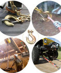 Badass Rock Solid Four Pack Of 5/16 Inch G70 Clevis Slip Chain Hook With Latch Forged Steel Heavy Duty Trailer Towing Gear Built Tough To Haul Weight Without Any Fuss On The Road, displaying various hooks in use.