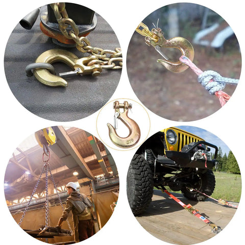 Badass Rock Solid Four Pack Of 5/16 Inch G70 Clevis Slip Chain Hook With Latch Forged Steel Heavy Duty Trailer Towing Gear Built Tough To Haul Weight Without Any Fuss On The Road, displaying various hooks in use.
