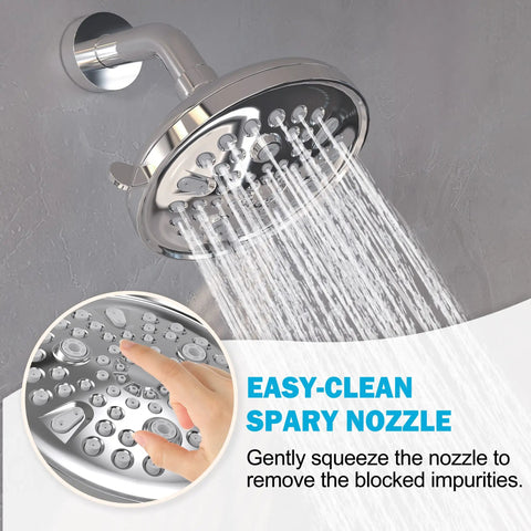 Tub And Shower Faucet Kit With 9-Setting Rain Shower Head In Chrome Finish showing water flow and easy-clean feature