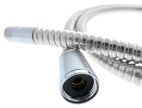 Close-up of pull out replacement shower hose 59 inch chrome finish no-fuss easy fit for Grohe hand shower faucets