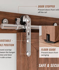 Stainless Steel Sliding Barn Door Hardware Kit 6 Foot, Smooth Quiet Operation, Easy Install shown with door stopper and guide.